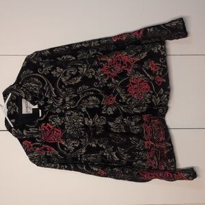 Chico's Black Jacket with Red and Gold Floral Design